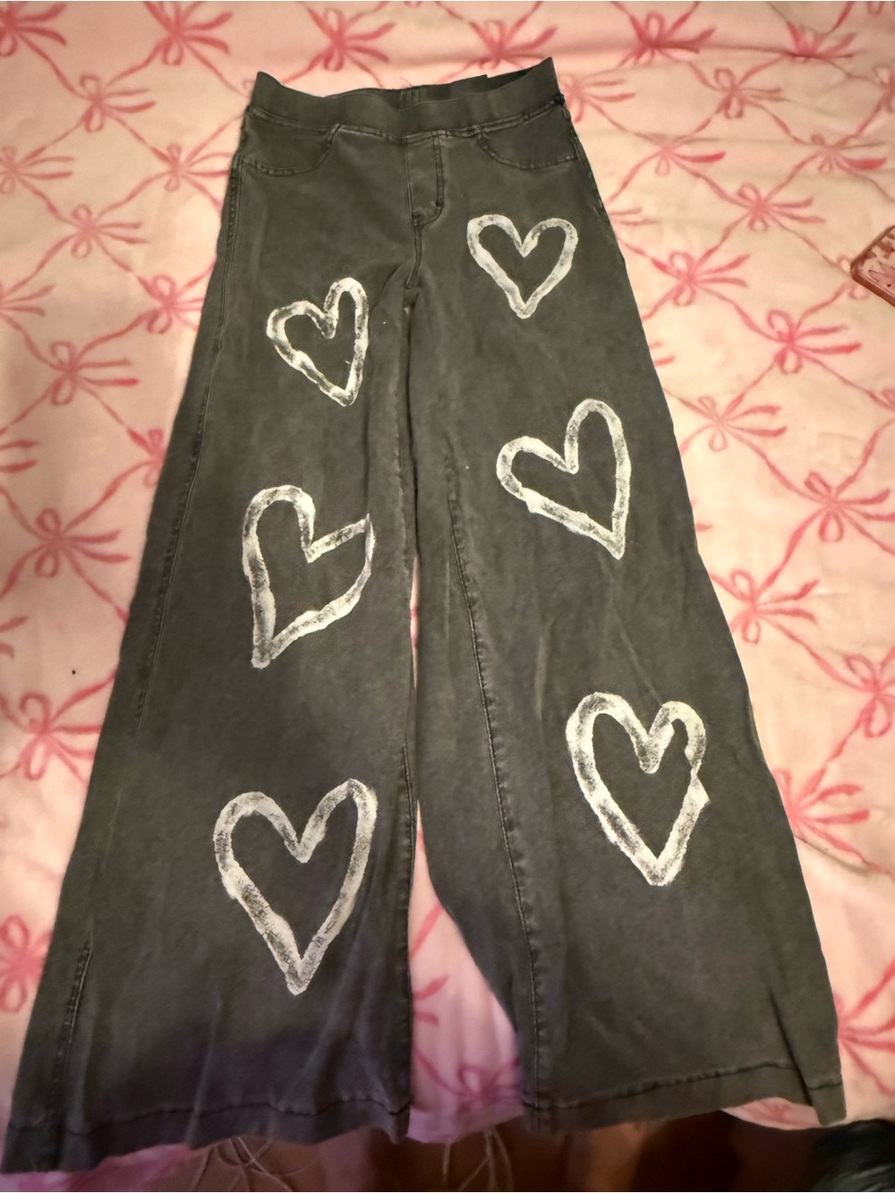 H&M Charcoal Wide-Leg Jeans with White Heart Motif